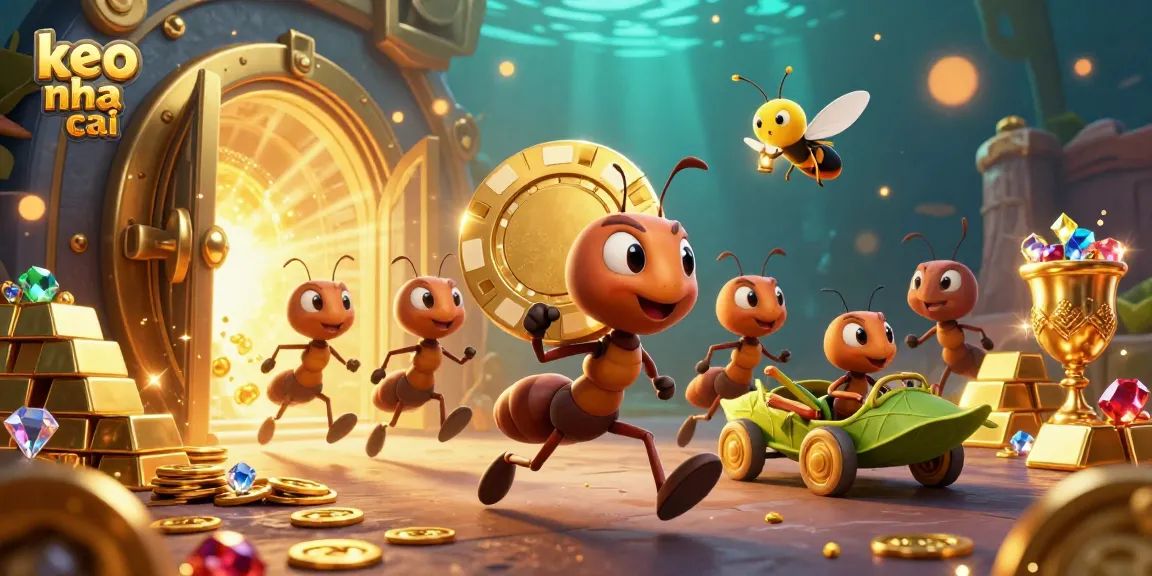 Bet on keo nha cai with animated ants carrying a giant poker chip in a dazzling heist.