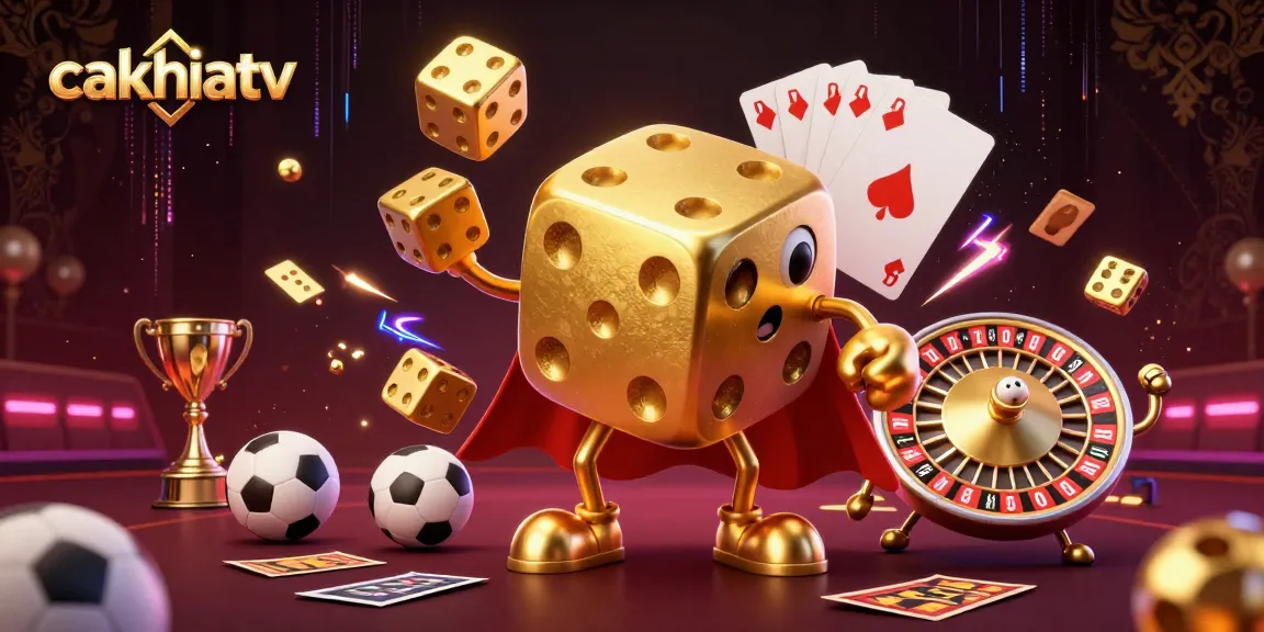 Bet on sports with cakhiatv in a vibrant 3D illustration of lively casino themes.