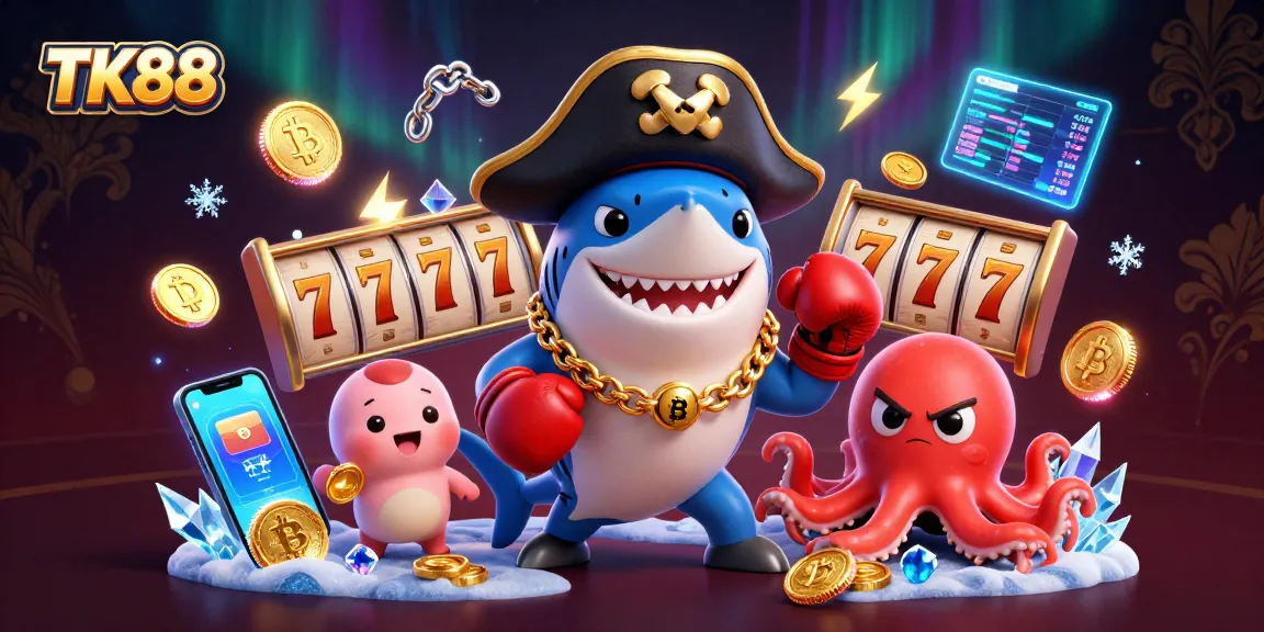 Engage with TK88's thrilling online slots featuring a shark captain, pufferfish, and octopus with gold coins.