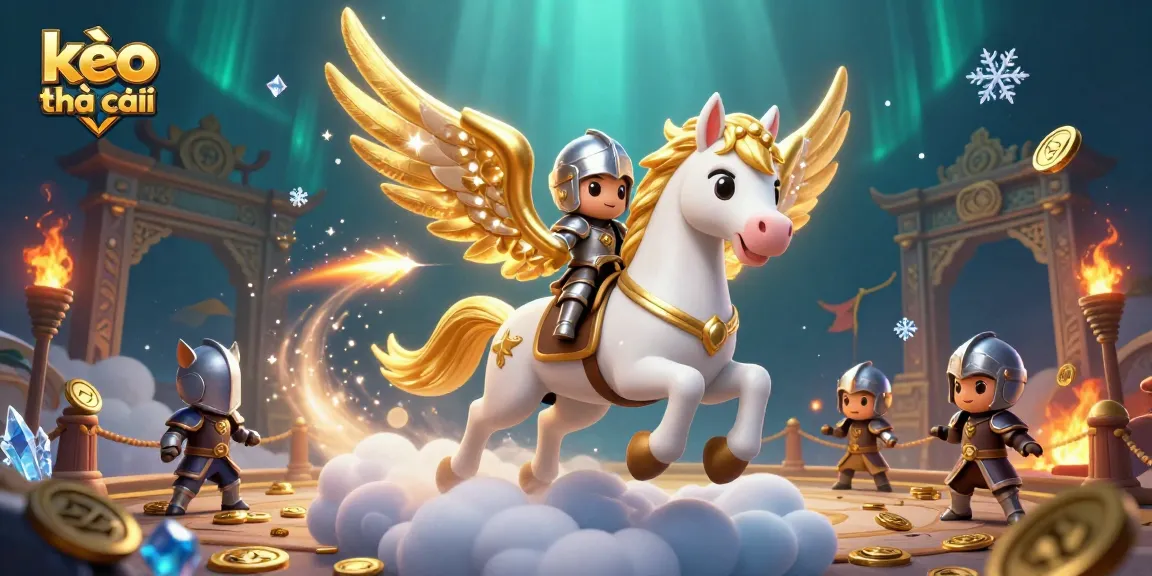 Experience kèo nhà cái with a celestial knight and golden horse amidst a vibrant betting arena.