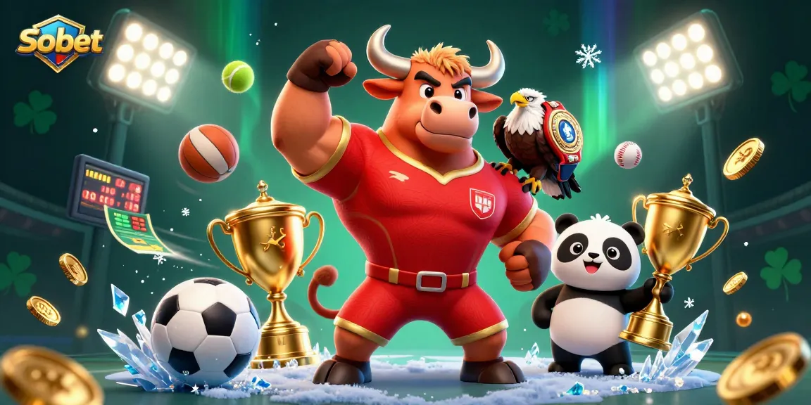 Bet on Sbobet with a vibrant sports-themed illustration featuring dynamic characters and engaging betting elements.