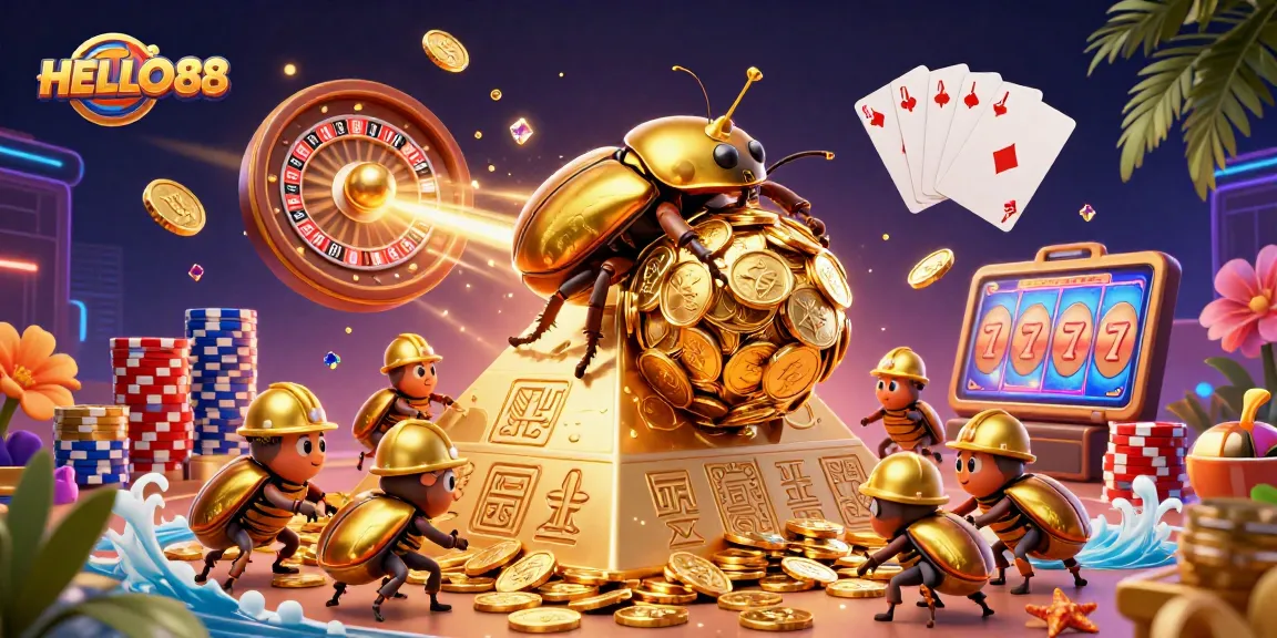 Experience thrilling gameplay with HELLO88, featuring colorful casino symbols, golden coins, and dynamic game elements.