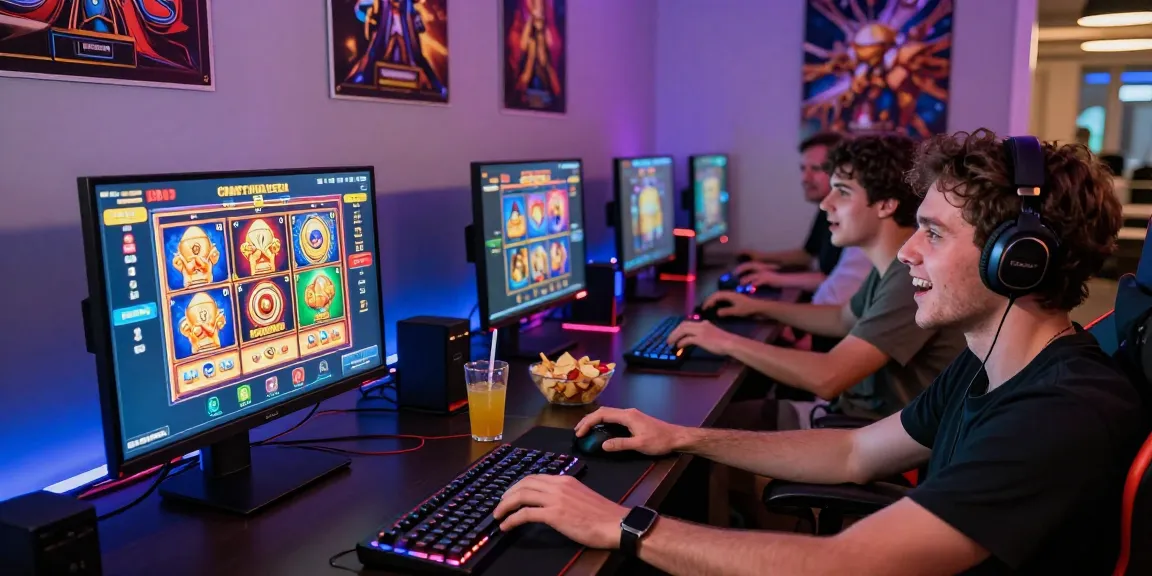 Friends enjoying a slot gaming session with colorful LED lights and high-definition screens
