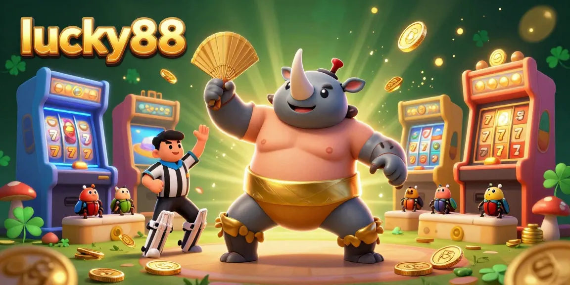 Experience the excitement at lucky88 with a vibrant 3D scene featuring dynamic slot elements and engaging characters.