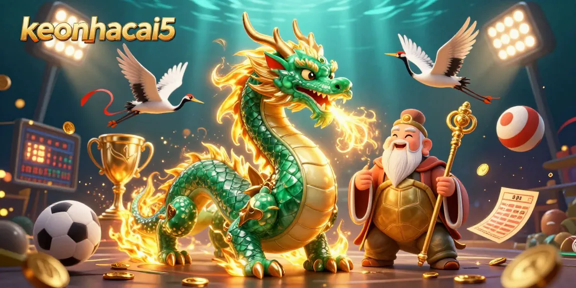Experience the excitement of keonhacai5 betting with a dynamic scene of mythical creatures and sports elements.
