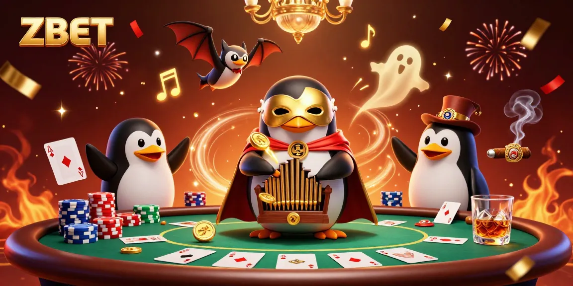 ZBET showcases a vibrant scene of exciting casino action, featuring a penguin playing a pipe organ filled with golden coins.