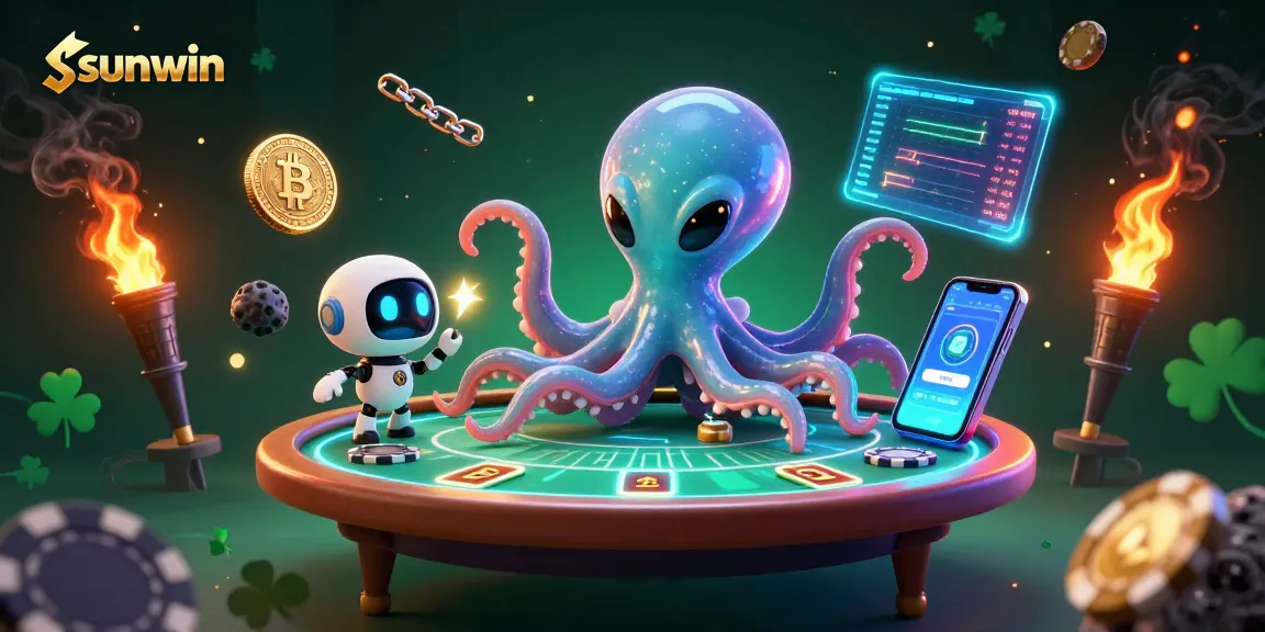 Join the fun at sunwin with this vibrant alien octopus at a holographic poker table.