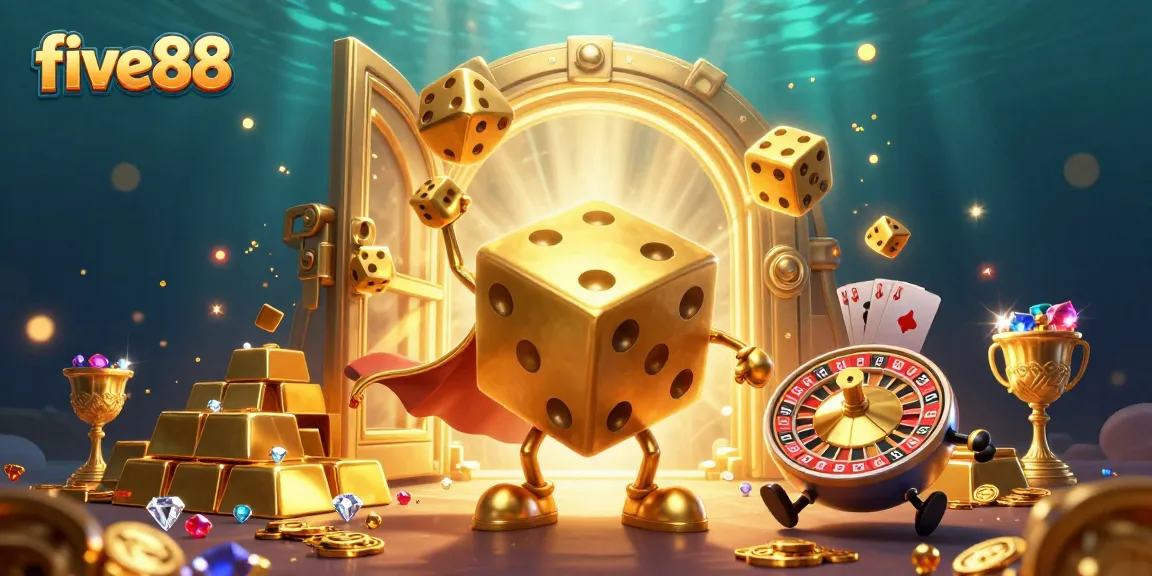 Engage with five88's thrilling casino action featuring a massive golden dice golem amidst treasure.