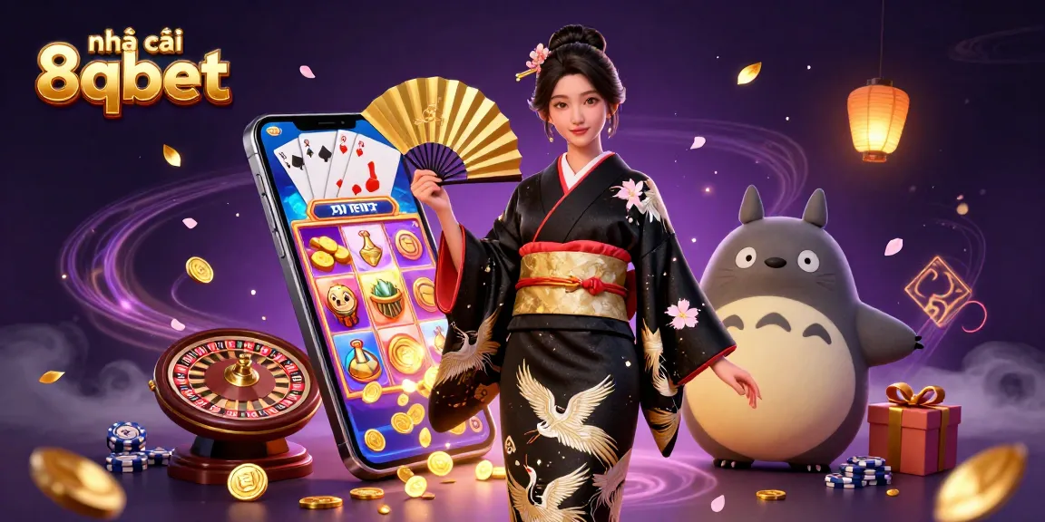 Engaging scene showcasing nhà cái 8qbet with a stylish Asian woman and vibrant casino elements.