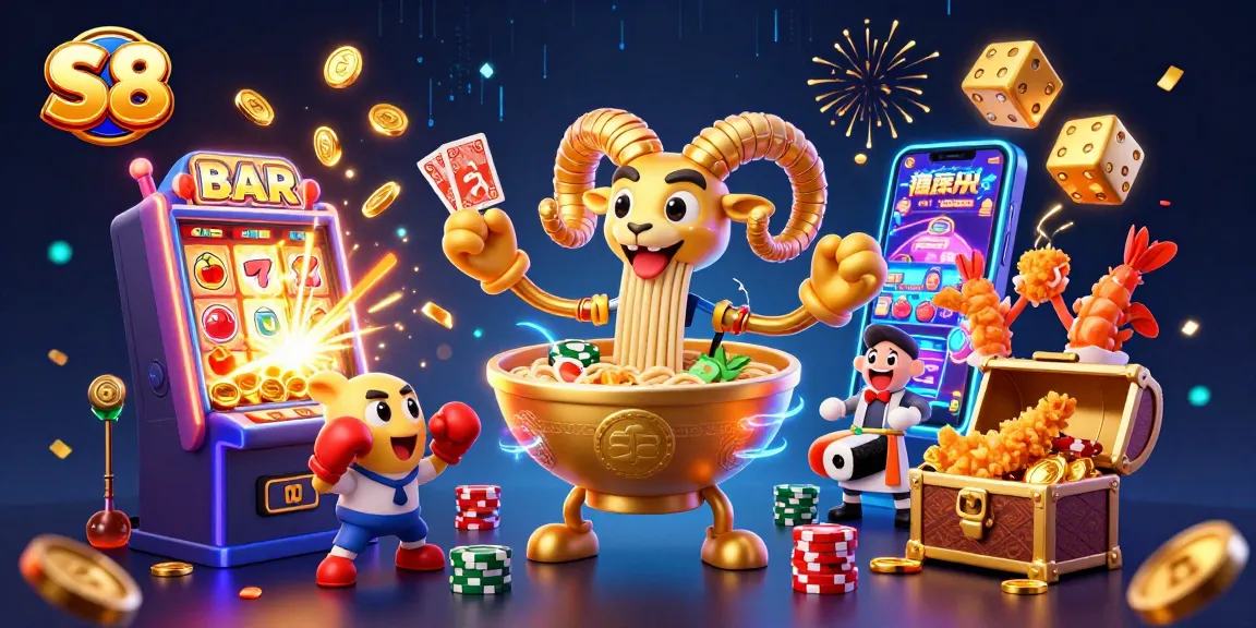 S8 enchants gamers with vibrant casino scenes featuring golden ramen bowl characters and exciting slot machine jackpots.
