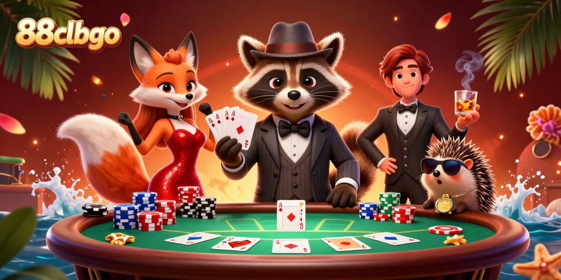 Engaging 88clbgo scene where a suave raccoon, vibrant fox, and hedgehog bouncer enjoy poker excitement.