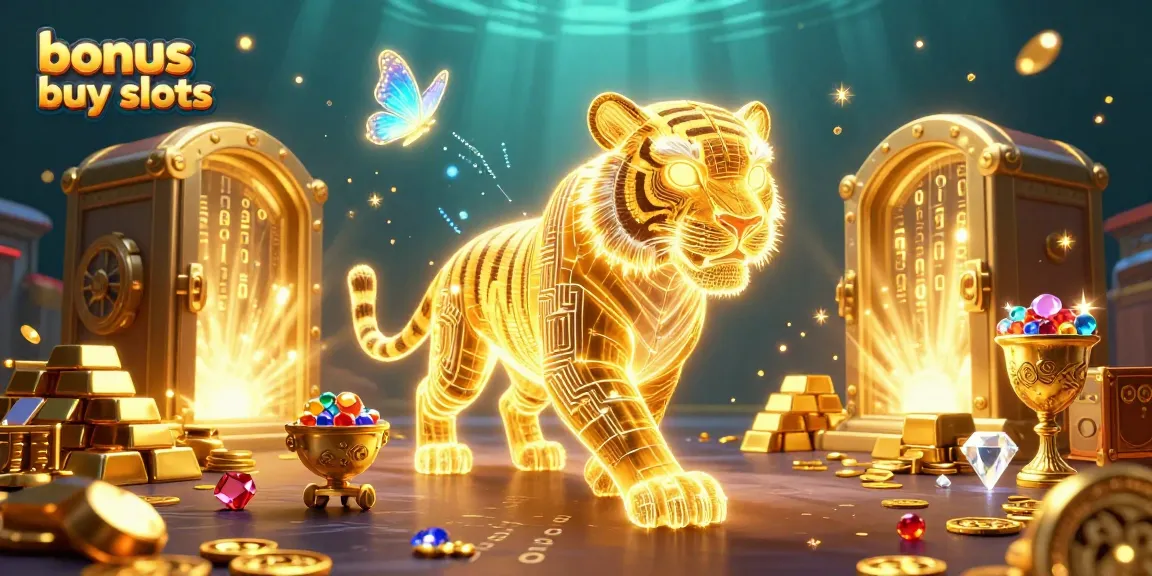 Experience the thrill of bonus buy slots with vibrant illustrations of a golden tiger in a dynamic casino landscape.