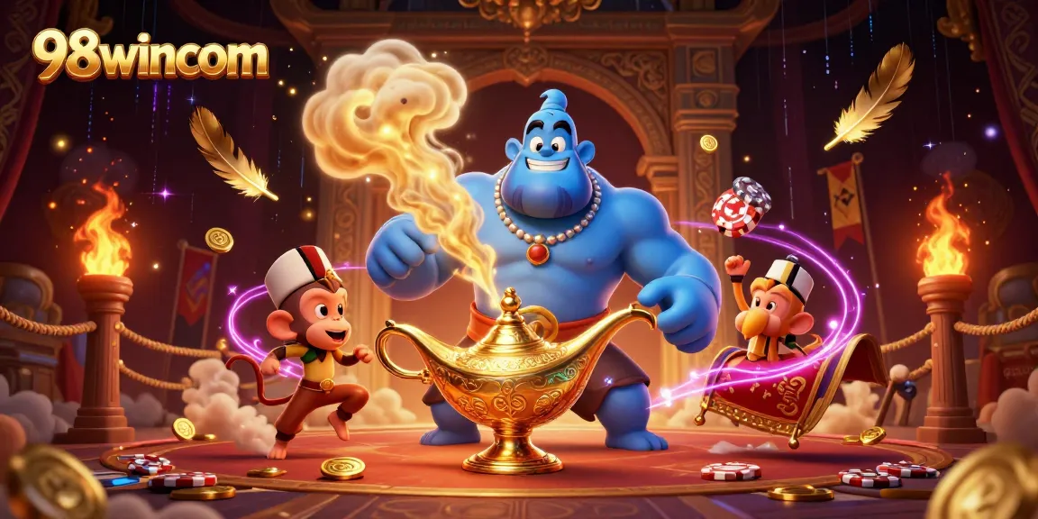 Engage with big wins at 98wincom's casino with a magical scene of a genie and poker chips.