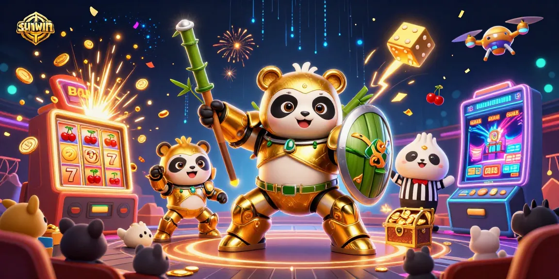 Experience thrilling gameplay at sunwin with a golden panda mech-suit battling for jackpots amidst vibrant casino action.