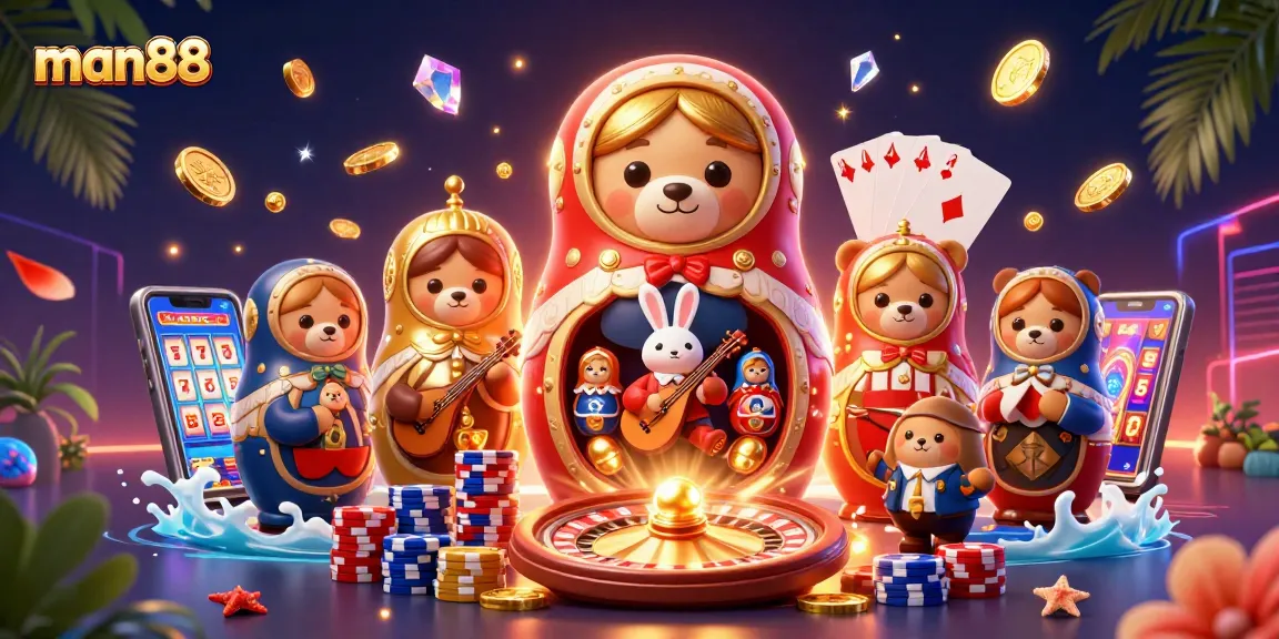 Experience the thrill of man88 with vibrant casino elements and engaging characters in a dynamic 3D scene.