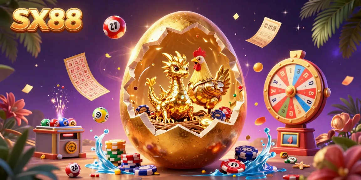 SX88 showcases a majestic dragon with poker chips amidst lottery balls, accentuating the thrilling gaming atmosphere.