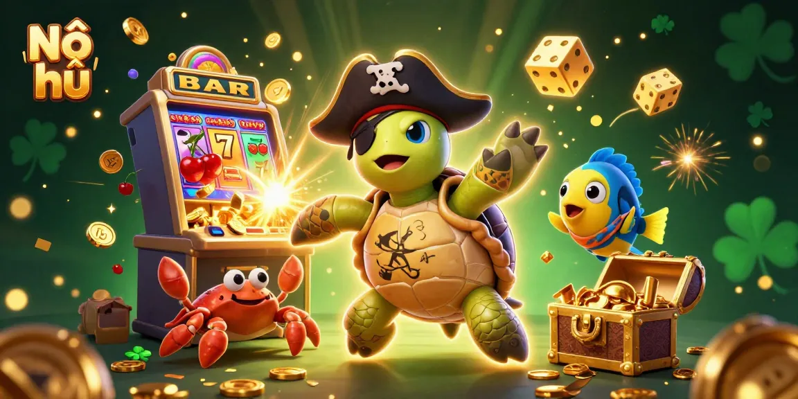 Nổ hũ gameplay featuring a pirate turtle and dynamic slot elements exploding with coins and excitement.