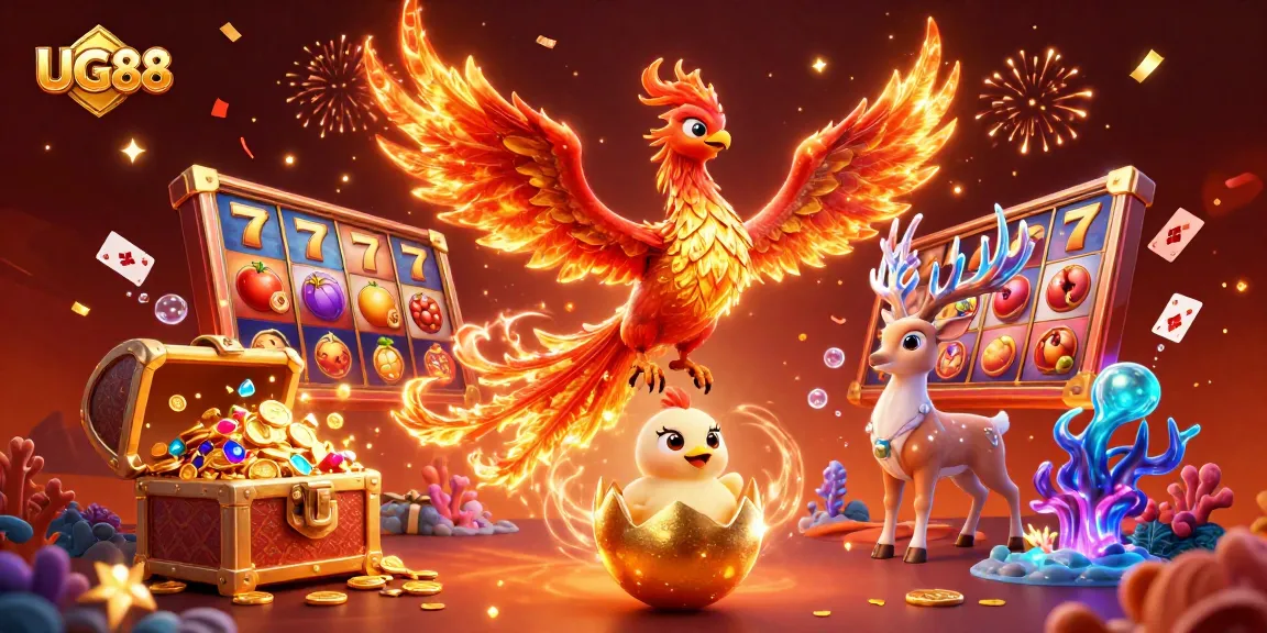 Experience the thrill of UG88 with a vibrant 3D illustration of a phoenix and casino elements.