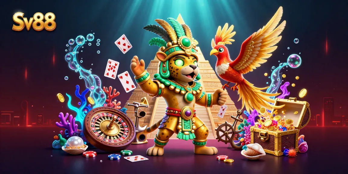 Engage in thrilling casino games with Sv88 highlighting a Mayan jaguar priest and festive elements.