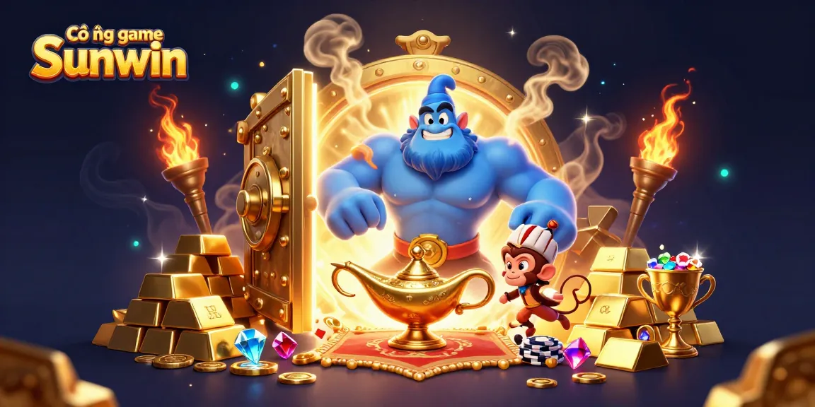 Experience the excitement of Cổng game Sunwin with a vibrant, magical scene of a genie, treasure, and casino elements.