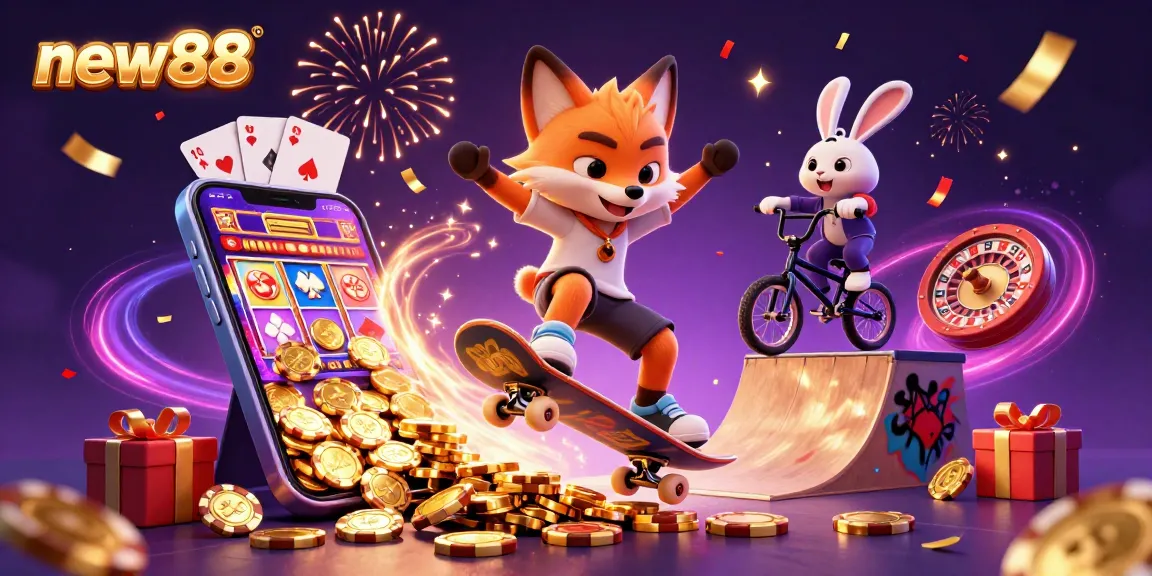 Experience vibrant gaming excitement with new88 as a fox and rabbit illustrate thrilling casino adventures.