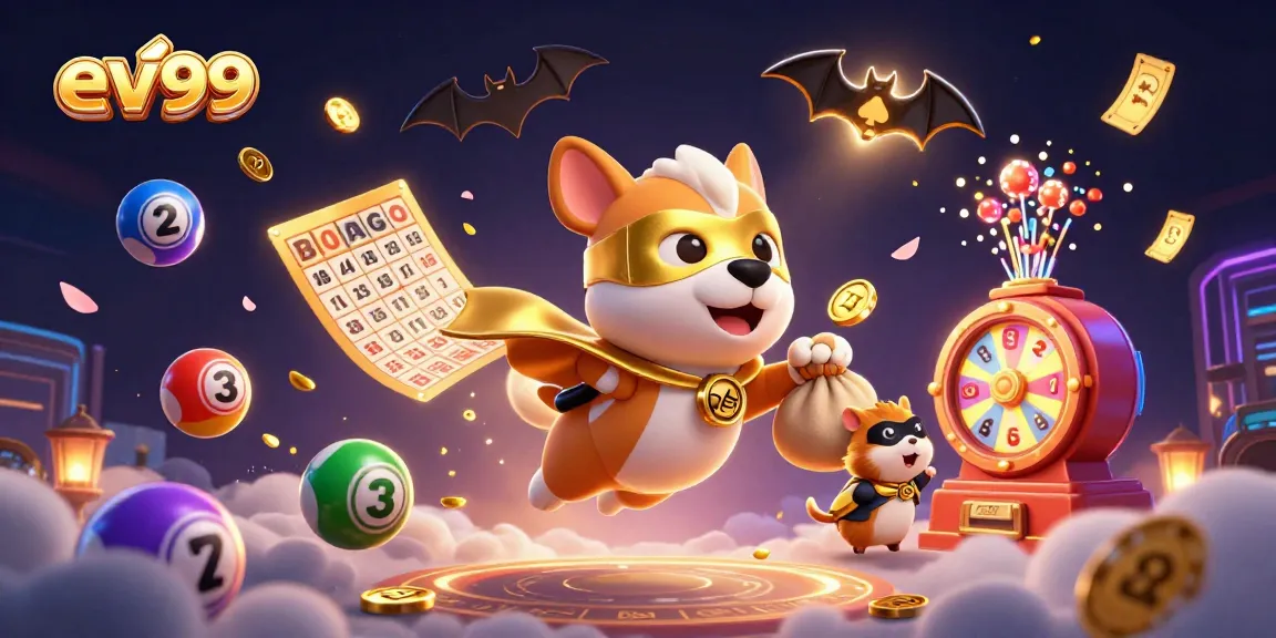 ev99 showcases a thrilling scene with a superhero dog and hamster amidst energetic casino elements.