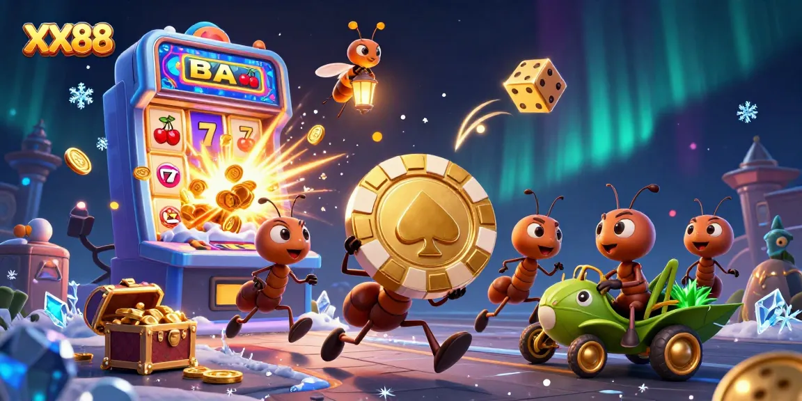 Ants navigate a tunnel carrying a giant poker chip at XX88 online casino, full of vibrant gaming elements.