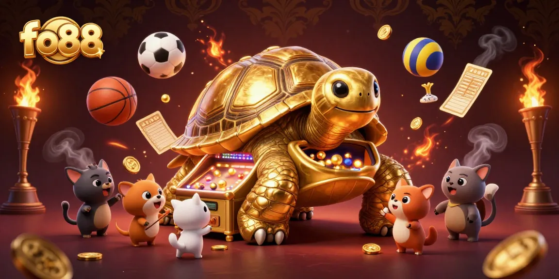Experience fo88's thrilling gaming action as excited animals gather around a colossal golden tortoise pinball machine.