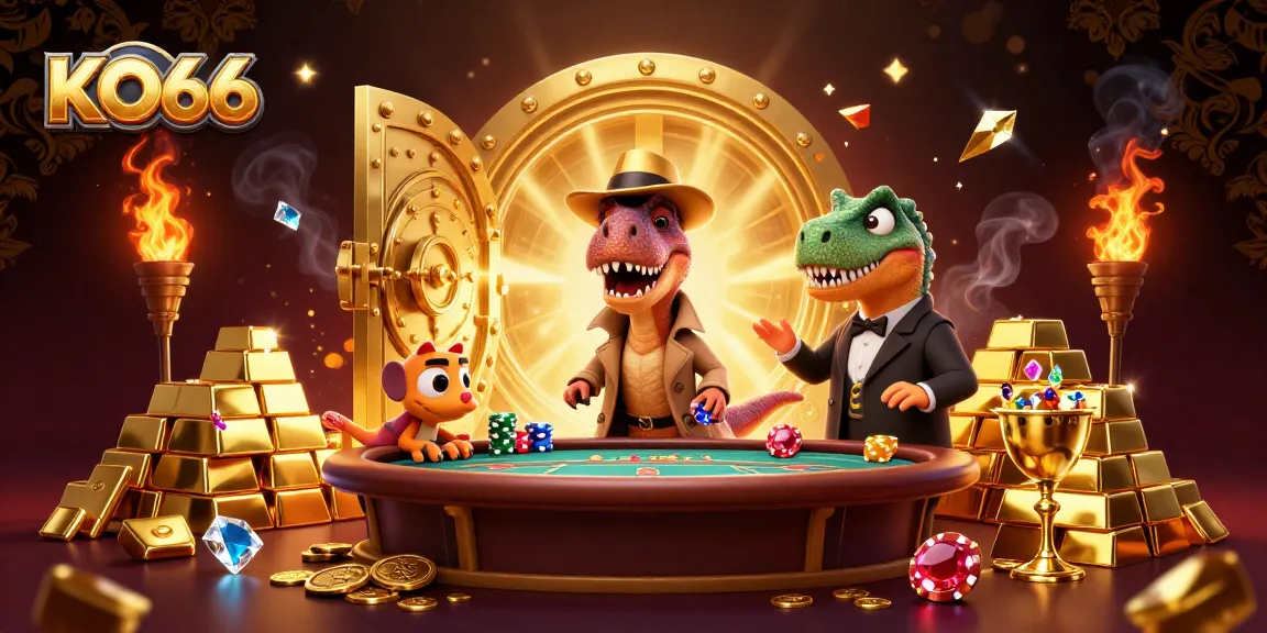KO66 captivates players at a blackjack table with cartoon dinosaurs counting cards and sneaking chips.