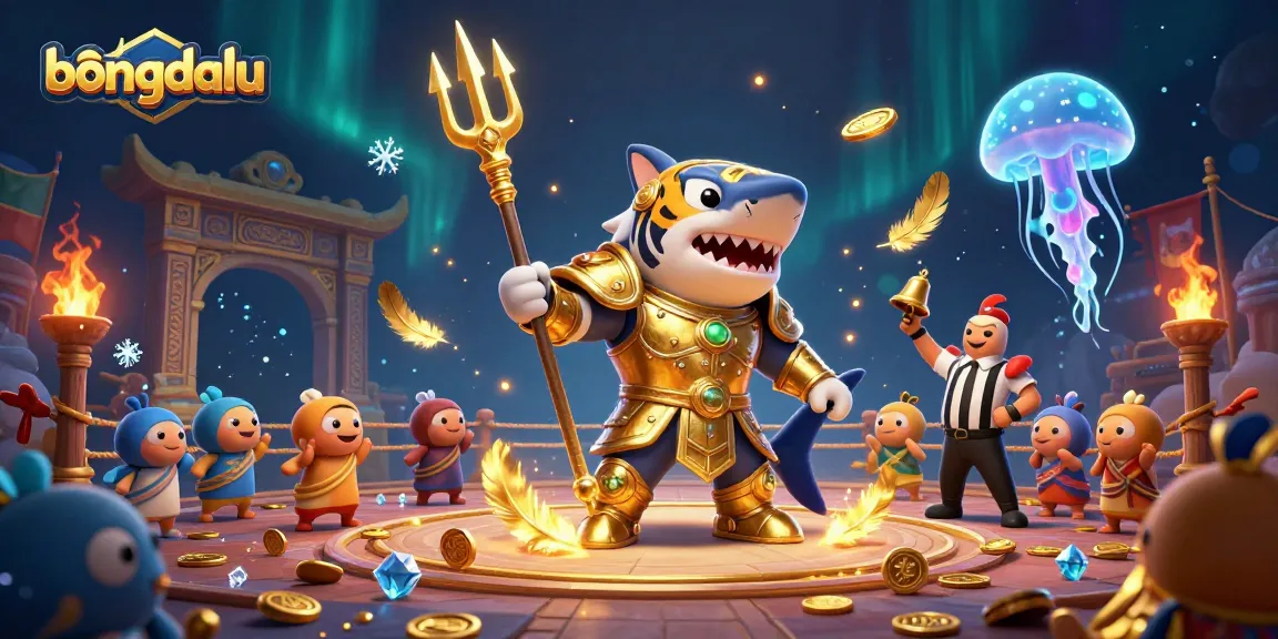 Bongdalu showcases a gambling scene with a gold-armored shark, cheering fish, and dynamic casino elements.