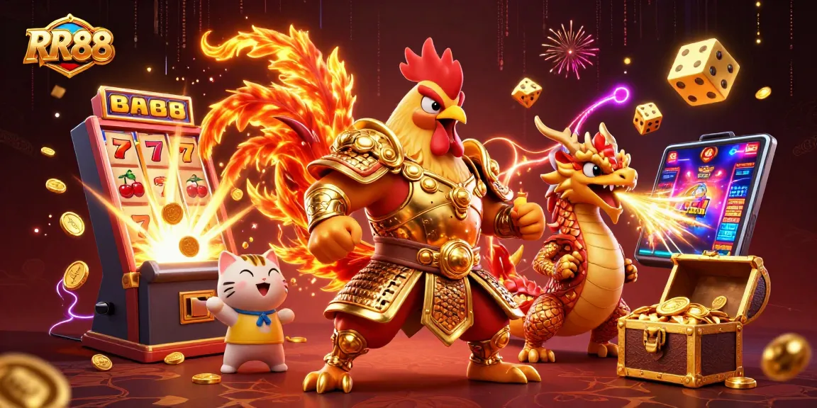 Experience thrilling adventures at RR88 with a powerful rooster warrior and a dragon hatchling bursting with coins.