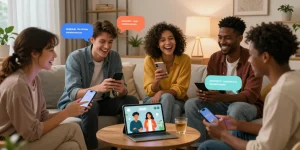 Dynamic AI spicy talk scene showing people enjoying interactive chats with flirty AI characters on their devices in a cozy setting.