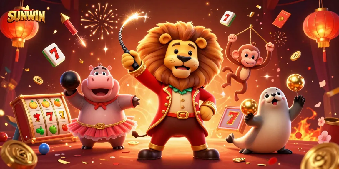 SUNWIN showcases an exciting circus-themed casino illustration filled with gaming elements, exciting characters, and festive confetti.