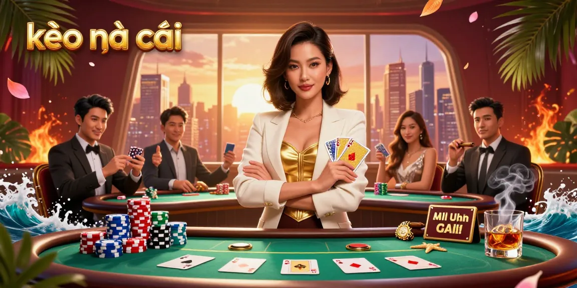 Experience the thrill of kèo nhà cái with dynamic poker elements and an elegant businesswoman in 3D.