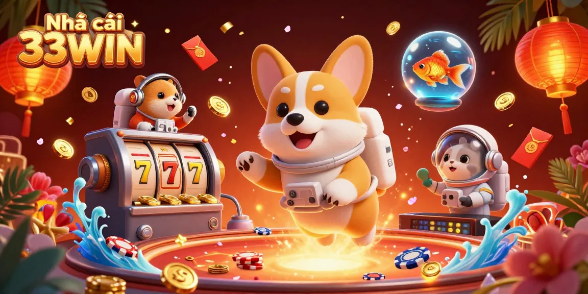 Engage with Nhà cái 33WIN in a vibrant casino world featuring floating coins and playful characters.