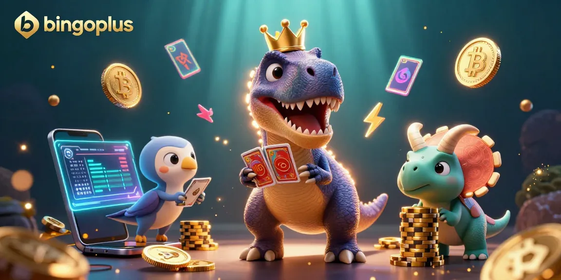 Win big with bingoplus while T-Rex and friends play cards and stack chips in a vibrant casino scene.