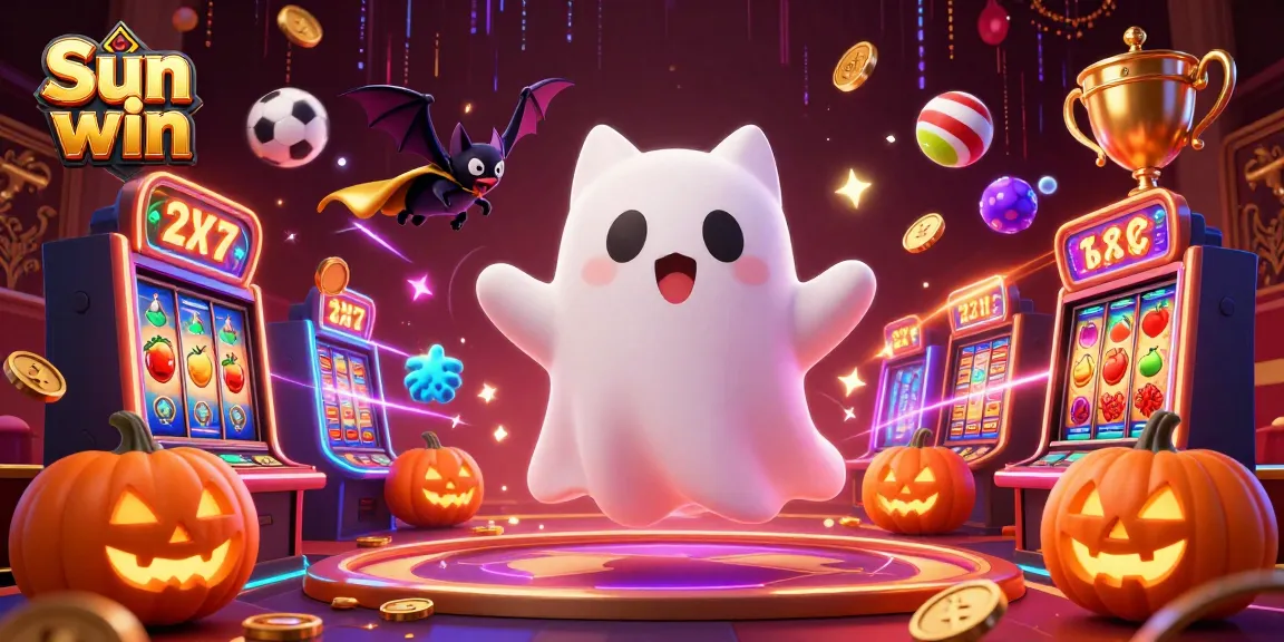Experience the thrill of gambling at Sun win with a lively casino scene showcasing a ghost cat, vampire bat, and jack-o-lanterns.