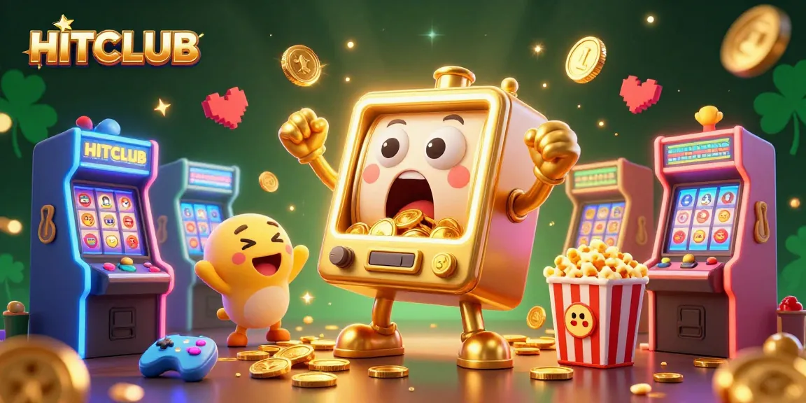 HITCLUB showcases a golden slot machine celebrating its jackpot amidst cheering mini machines and arcade elements.