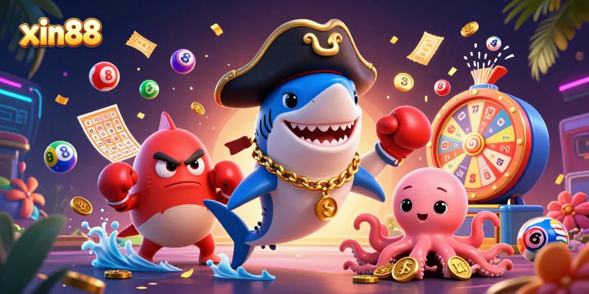 Engage with xin88's thrilling gaming scene featuring vibrant lottery elements and entertaining aquatic characters.
