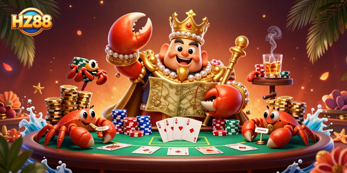Experience thrilling gameplay with HZ88 in a vibrant casino scene featuring golden crab emperor and poker elements.
