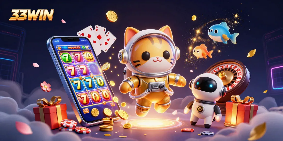 Engage in thrilling gameplay with the 33WIN space-themed casino adventure, featuring vibrant characters.