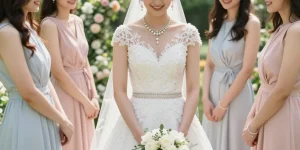 Bridal jewellery set with pearls and cubic zirconia showcased on bride surrounded by blooming garden.