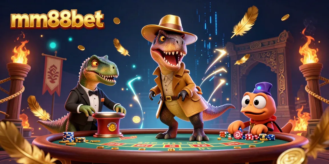 Experience thrilling gameplay at mm88bet with a hidden velociraptor card counter in a dynamic casino scene.