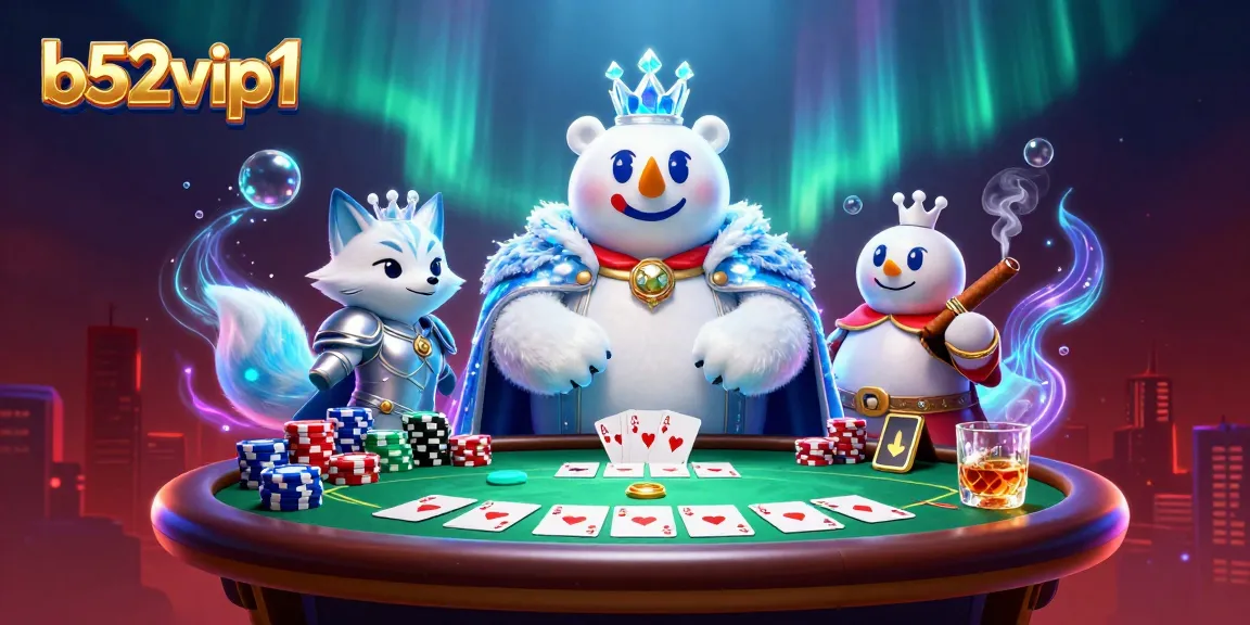 b52vip1 players engaging with vibrant poker scene featuring a polar bear king and snow fox.