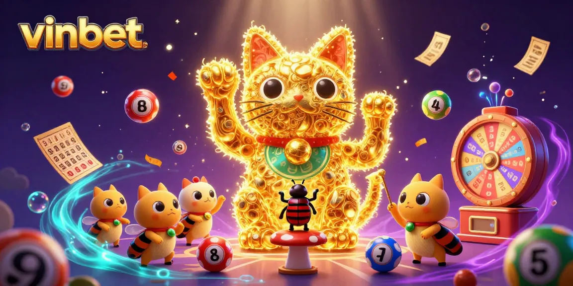 Experience vinbet with this vibrant illustration showcasing a lucky cat and dynamic casino elements.