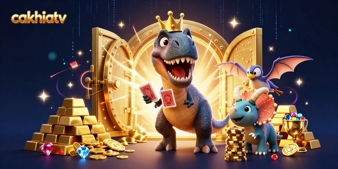 Cakhiatv showcases a friendly T-Rex playing cards while a baby triceratops stacks golden chips in a vibrant casino scene.