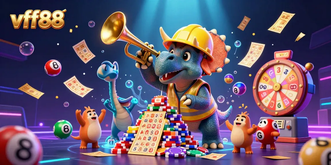 Join the vff88 excitement as a triceratops builds poker chips while celebrating wins!