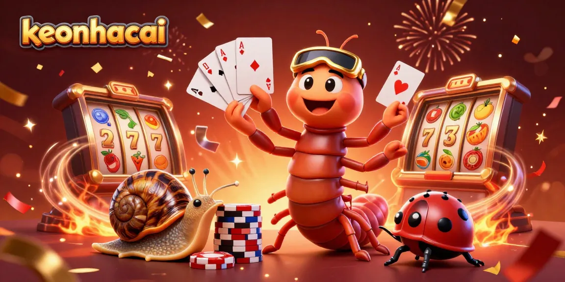 Experience winning excitement at keonhacai with a colorful casino illustration featuring slots and lively characters.