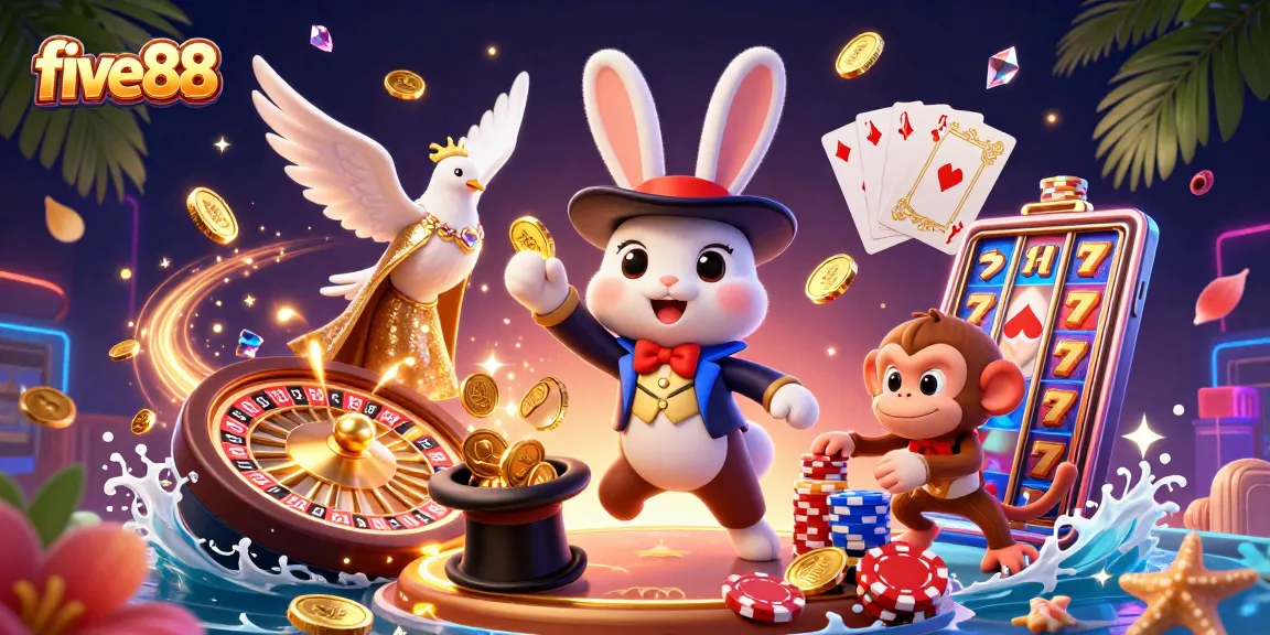 Engage with five88 in a vibrant casino scene featuring golden coins, poker chips, and magical characters.