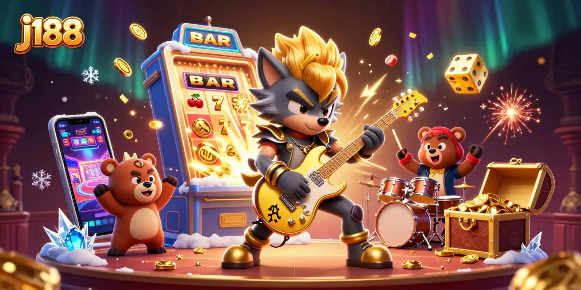 Experience the excitement of j188 with a vibrant casino scene featuring a rock star wolf and dynamic game elements.